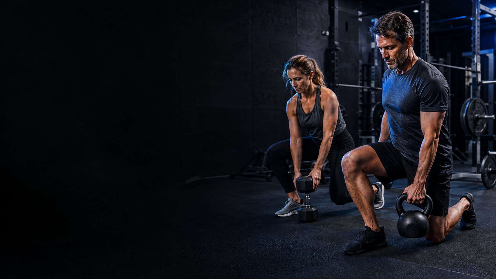 Two adults strength training in a dark premium studio